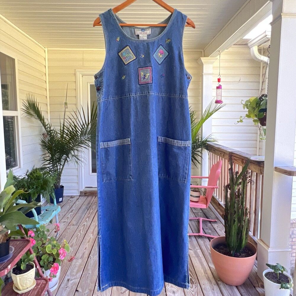 VTG True Blue Casual Denim Maxi Jumper Dress Size L Embroidered Sleeveless